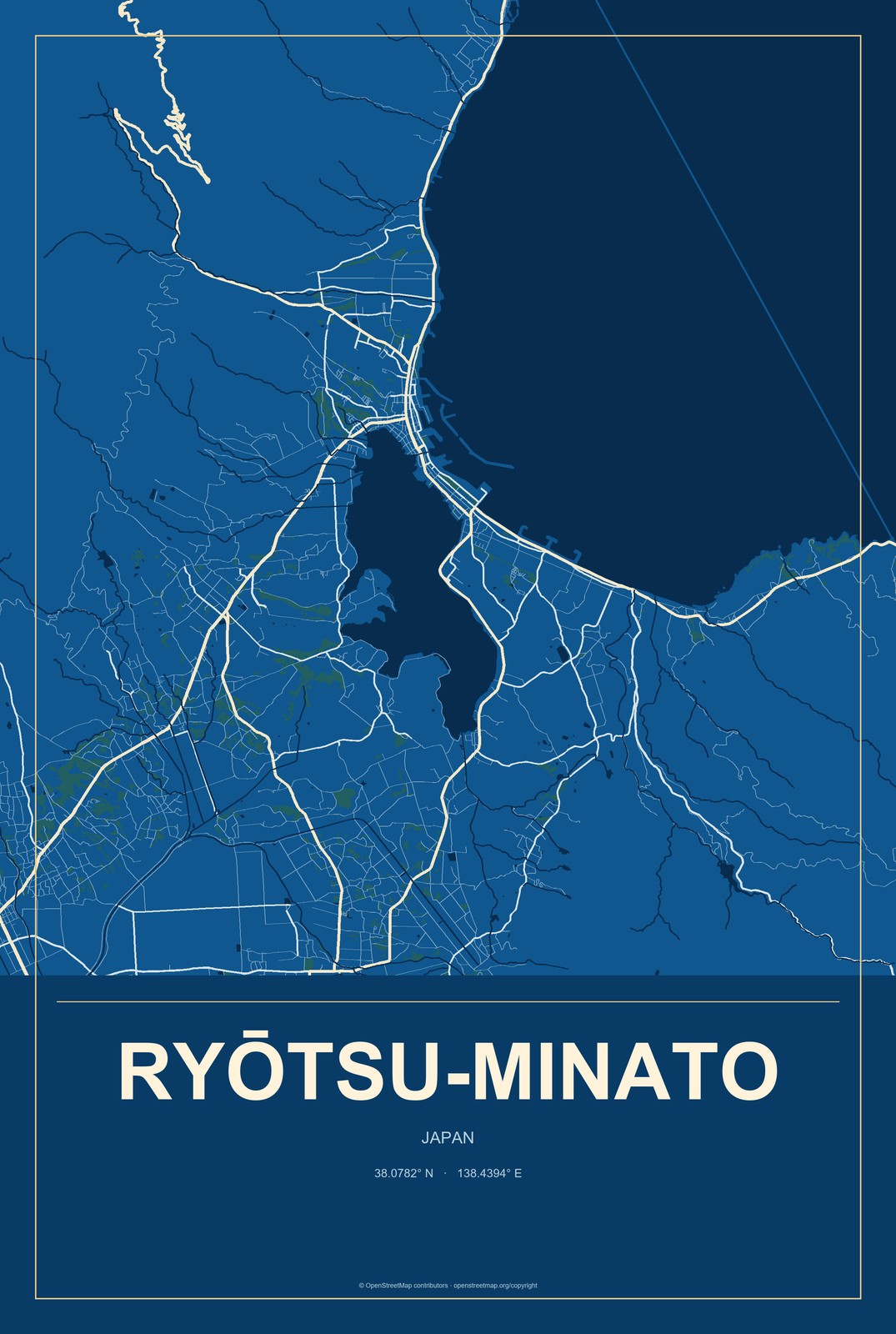 Ryōtsu-minato, Japan City Map Aluminum Sign in Harbor Cobalt style