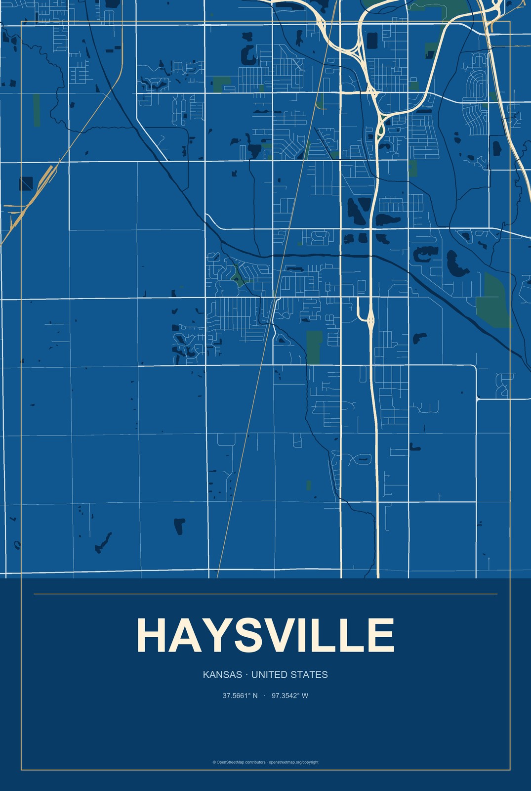 Haysville, Kansas City Map Aluminum Sign in Harbor Cobalt style