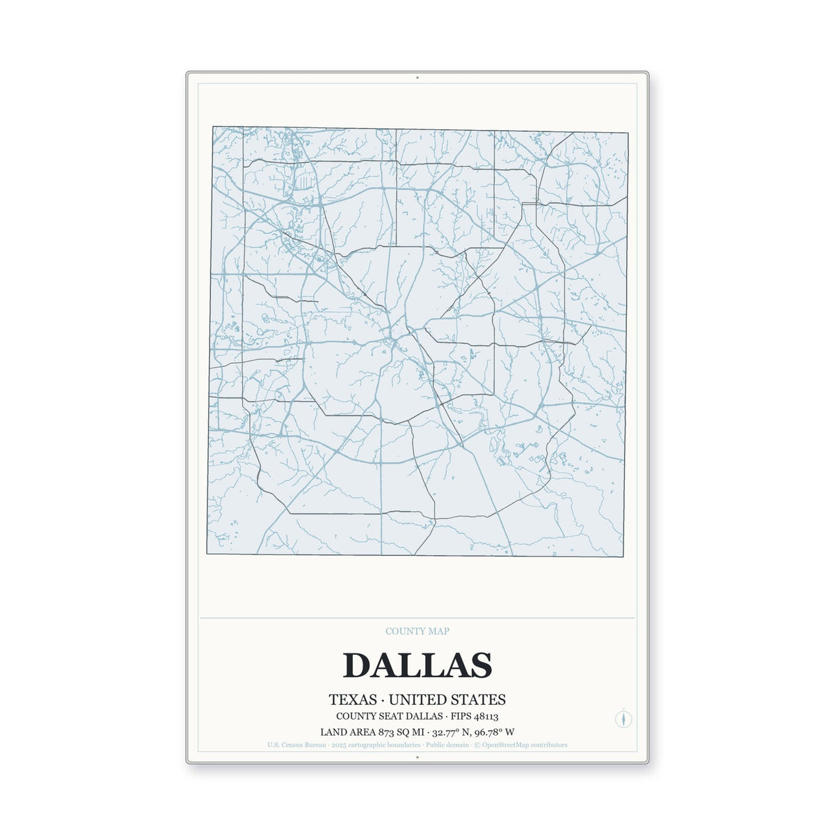 Dallas County, Texas Map Aluminum Sign in Gallery Air style