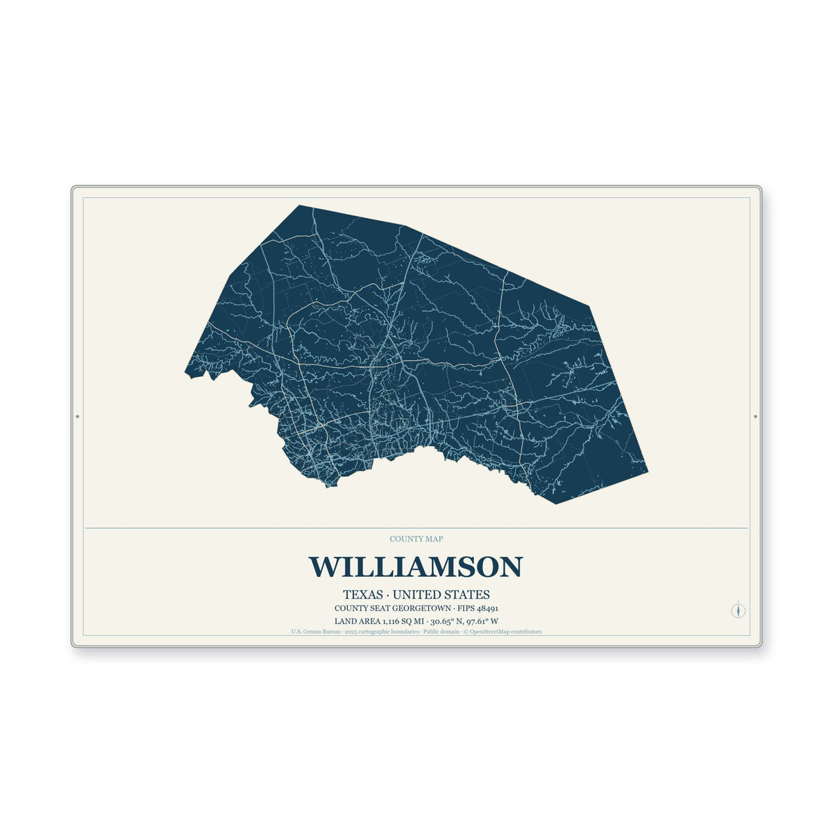 Williamson County, Texas Map Aluminum Sign in Coastal Cutout style
