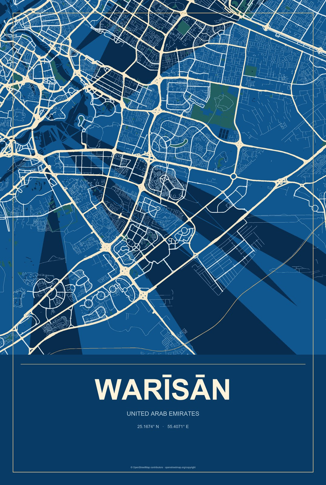 Warīsān, United Arab Emirates City Map Aluminum Sign in Harbor Cobalt style