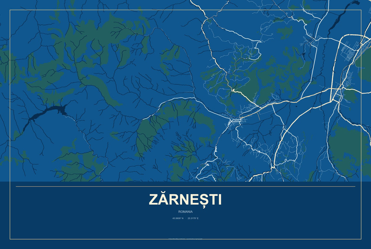 Zărnești, Romania City Map Aluminum Sign in Harbor Cobalt style