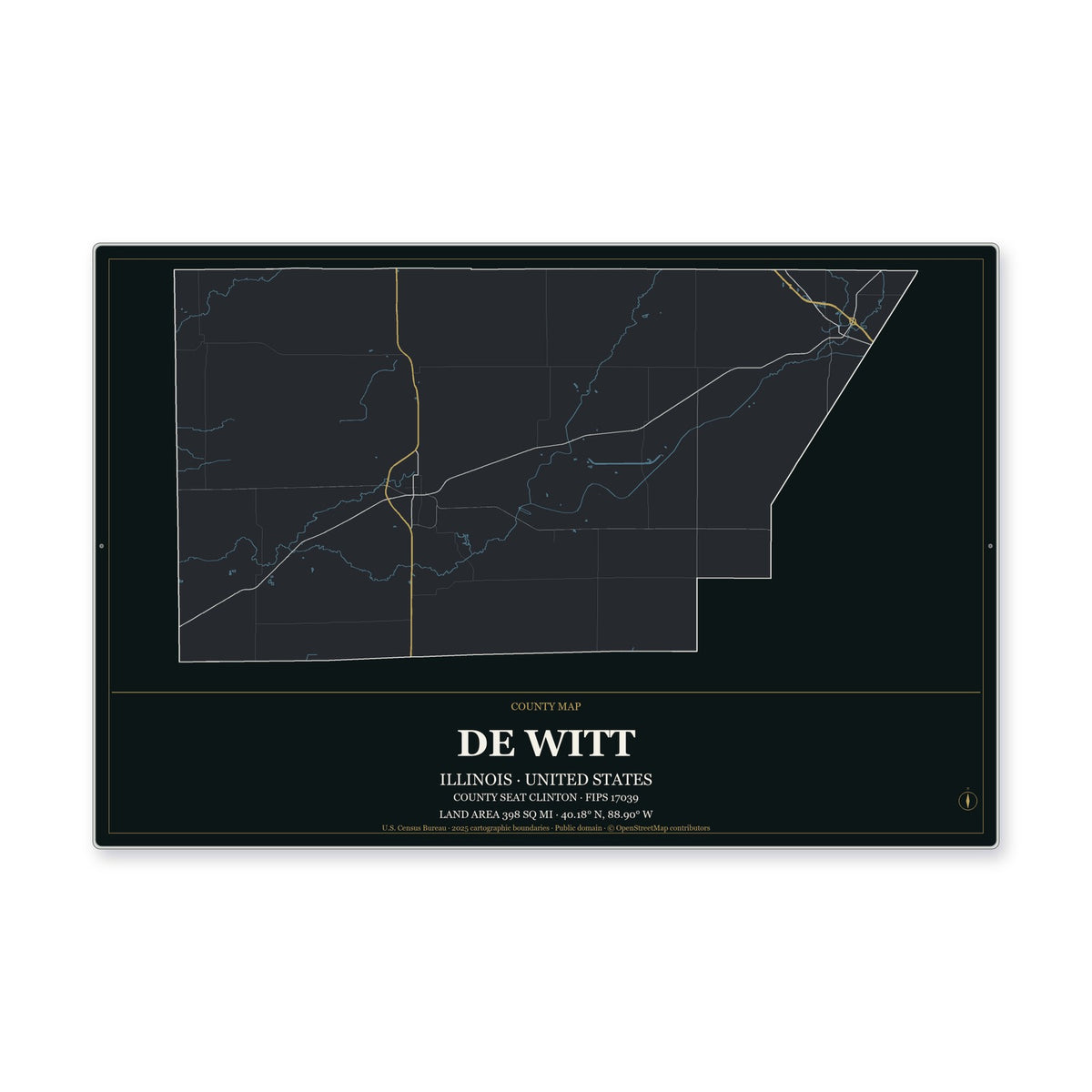 De Witt County, Illinois Map Aluminum Sign in Metropolitan Noir style