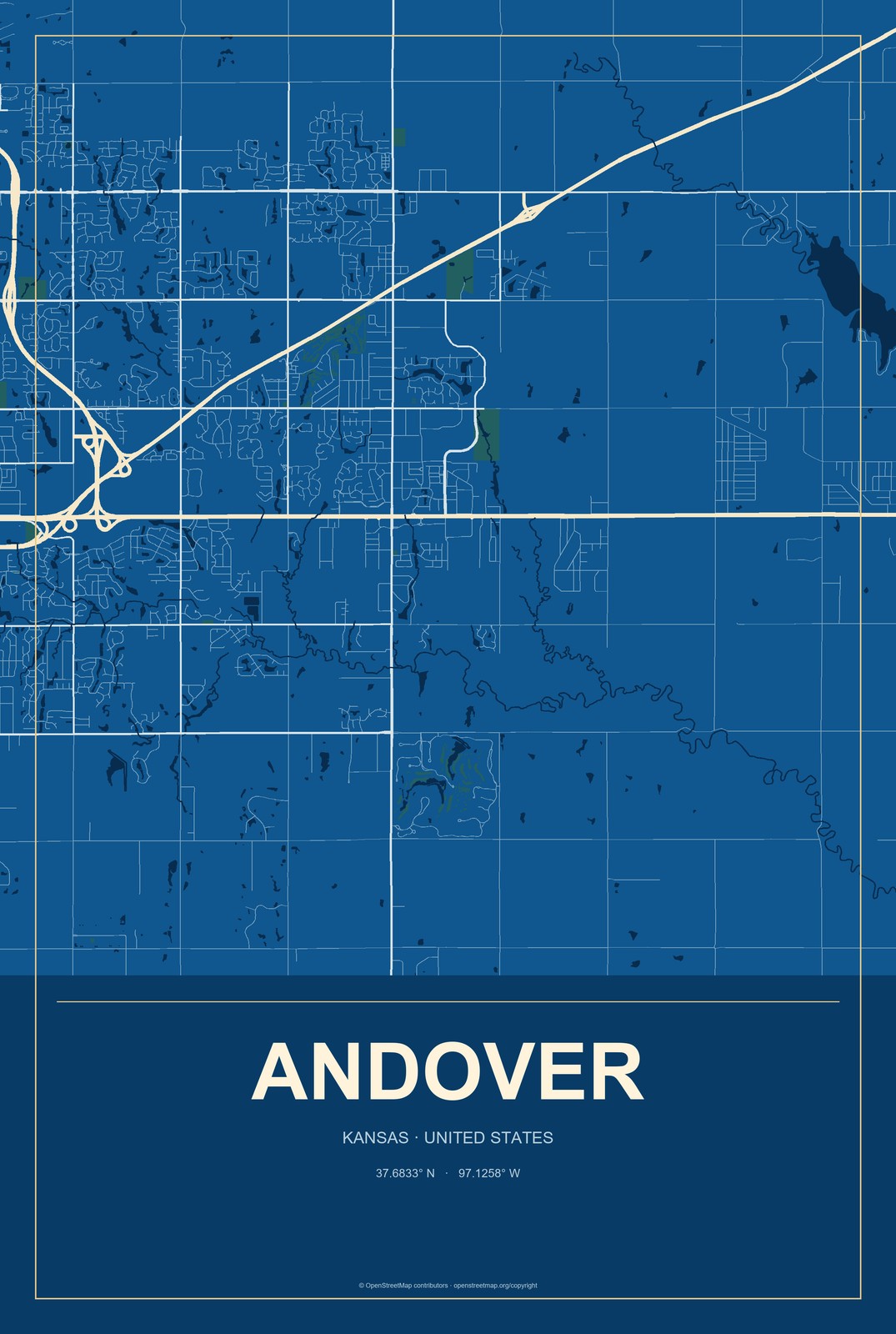 Andover, Kansas City Map Aluminum Sign in Harbor Cobalt style