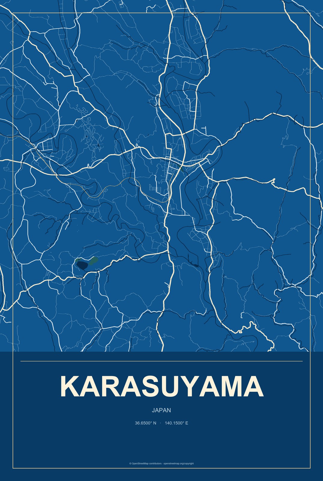 Karasuyama, Japan City Map Aluminum Sign in Harbor Cobalt style