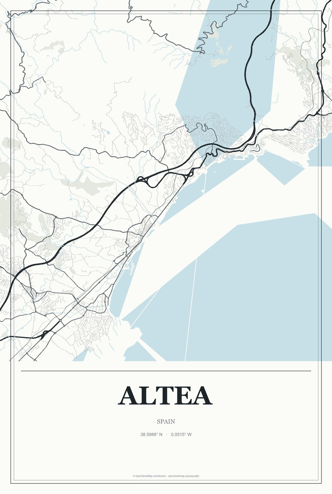 Altea, Spain City Map Aluminum Sign in Gallery Air style