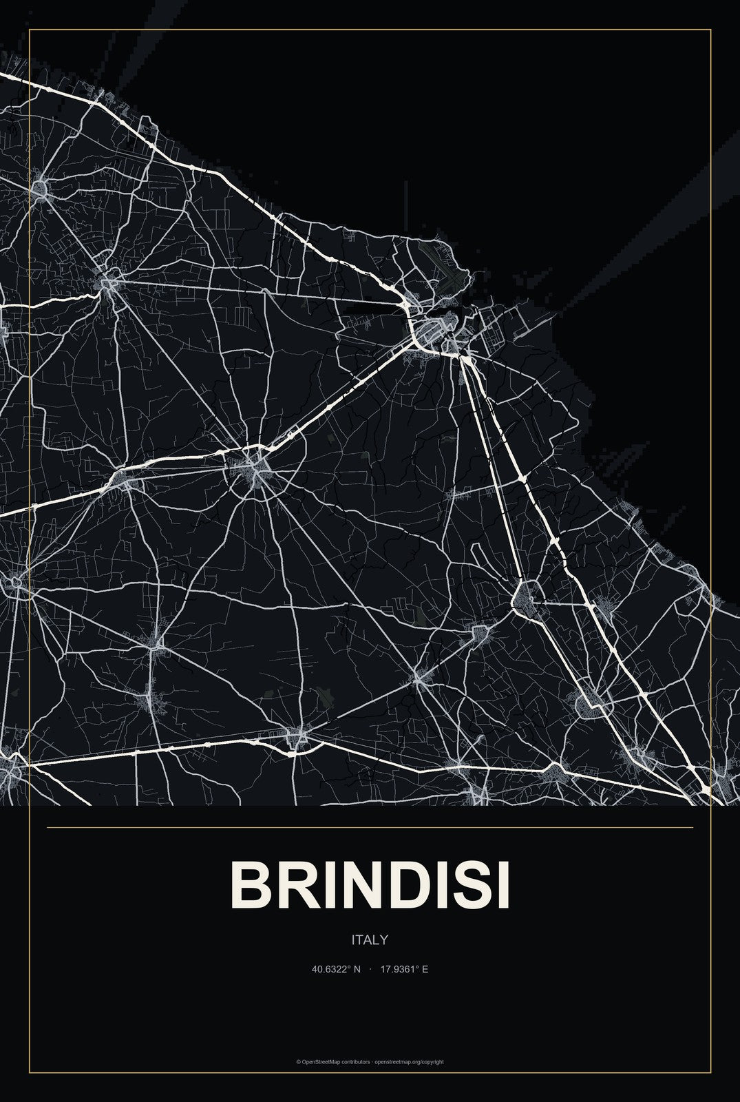 Brindisi, Italy City Map Aluminum Sign in Metropolitan Noir style