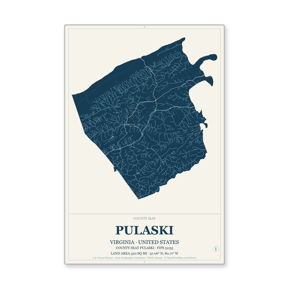 Pulaski County, Virginia Map Aluminum Sign in Coastal Cutout style