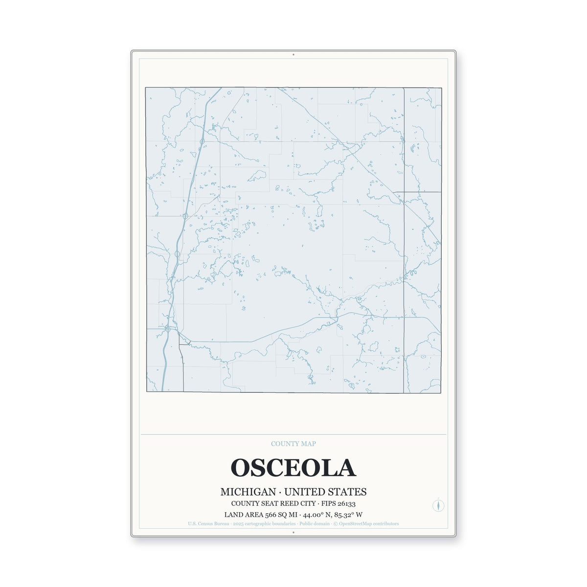 Osceola County, Michigan Map Aluminum Sign in Gallery Air style