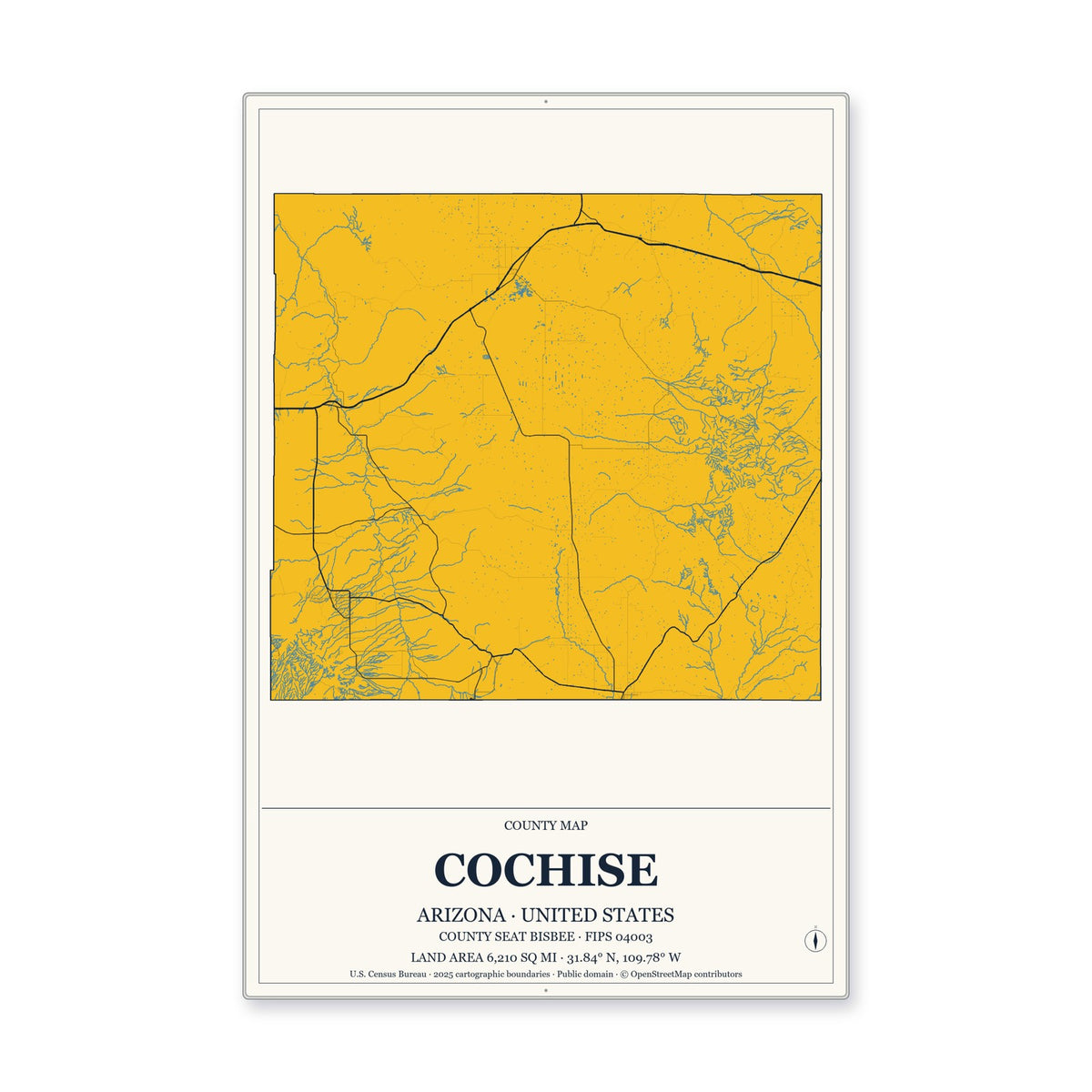 Cochise County, Arizona Map Aluminum Sign in Citrine Modern style