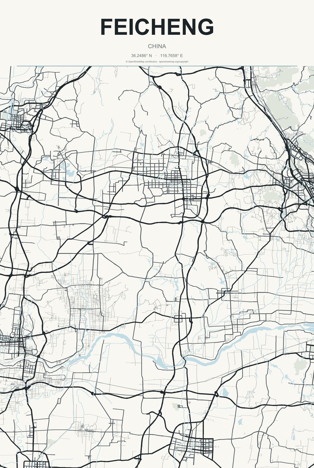 Feicheng, China City Map Aluminum Sign in Headline Atlas style