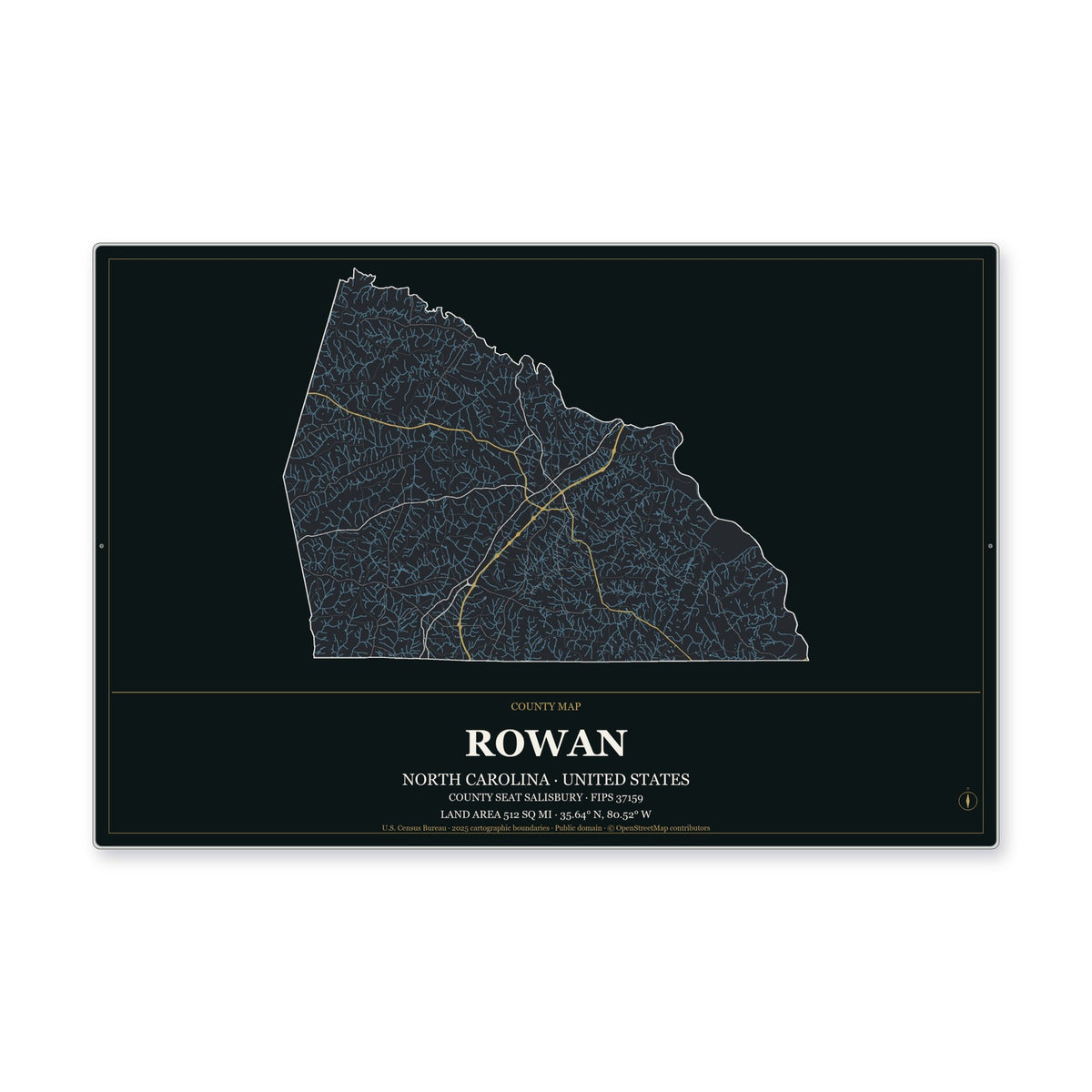 Rowan County, North Carolina Map Aluminum Sign in Metropolitan Noir style