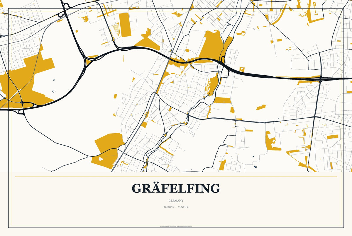 Gräfelfing, Germany City Map Aluminum Sign in Citrine Modern style