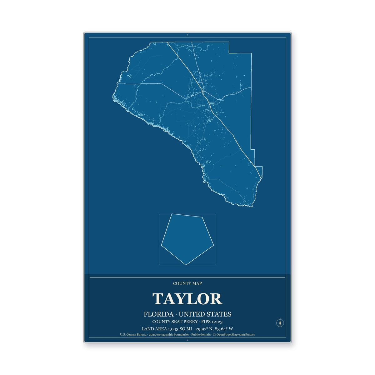 Taylor County, Florida Map Aluminum Sign in Harbor Cobalt style