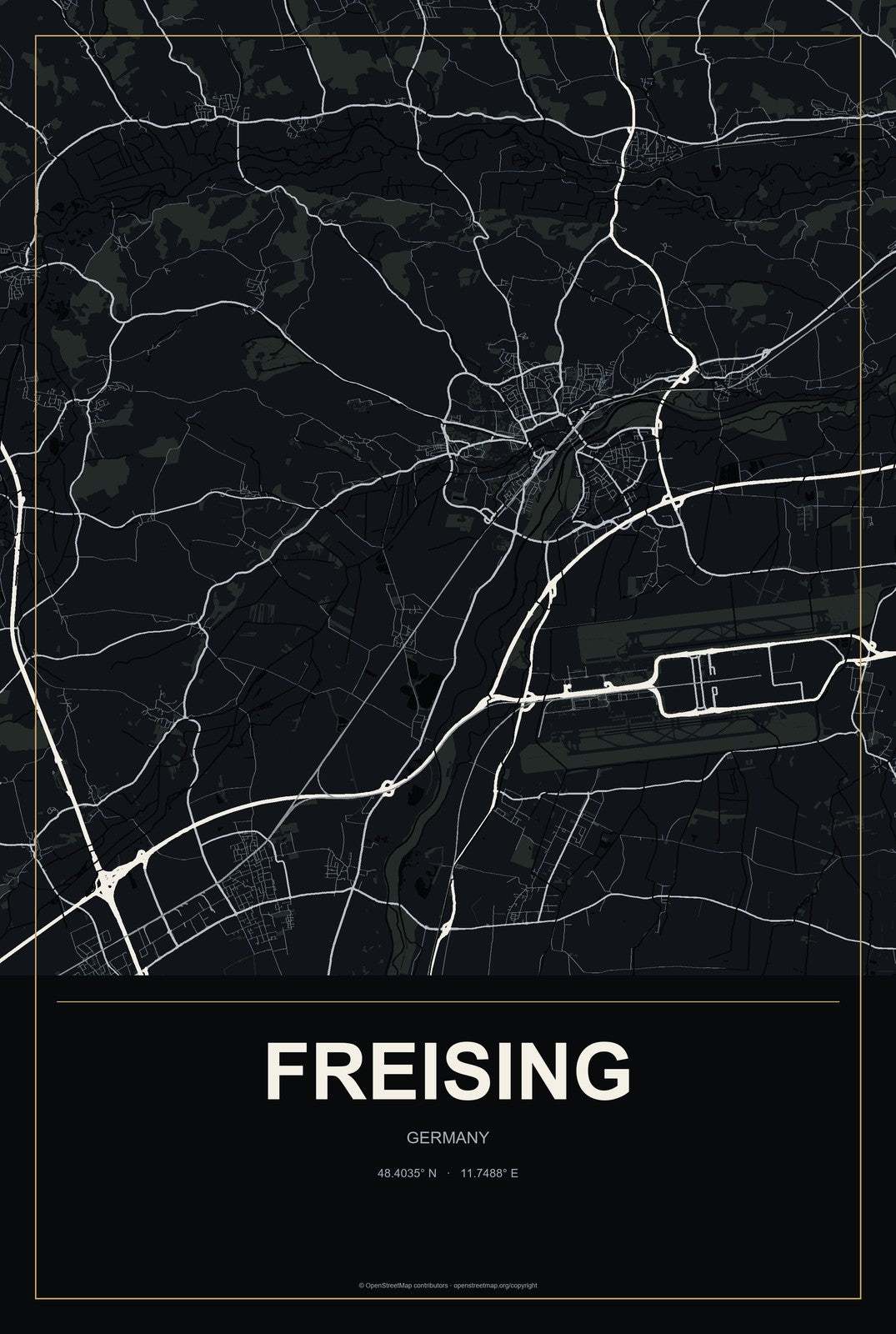 Freising, Germany City Map Aluminum Sign in Metropolitan Noir style