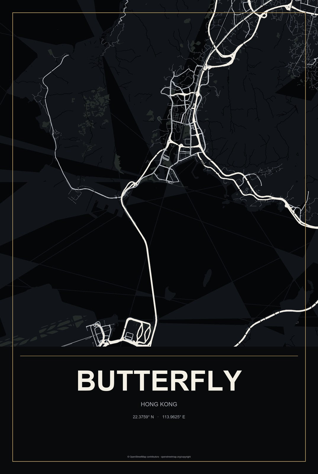 Butterfly, Hong Kong City Map Aluminum Sign in Metropolitan Noir style