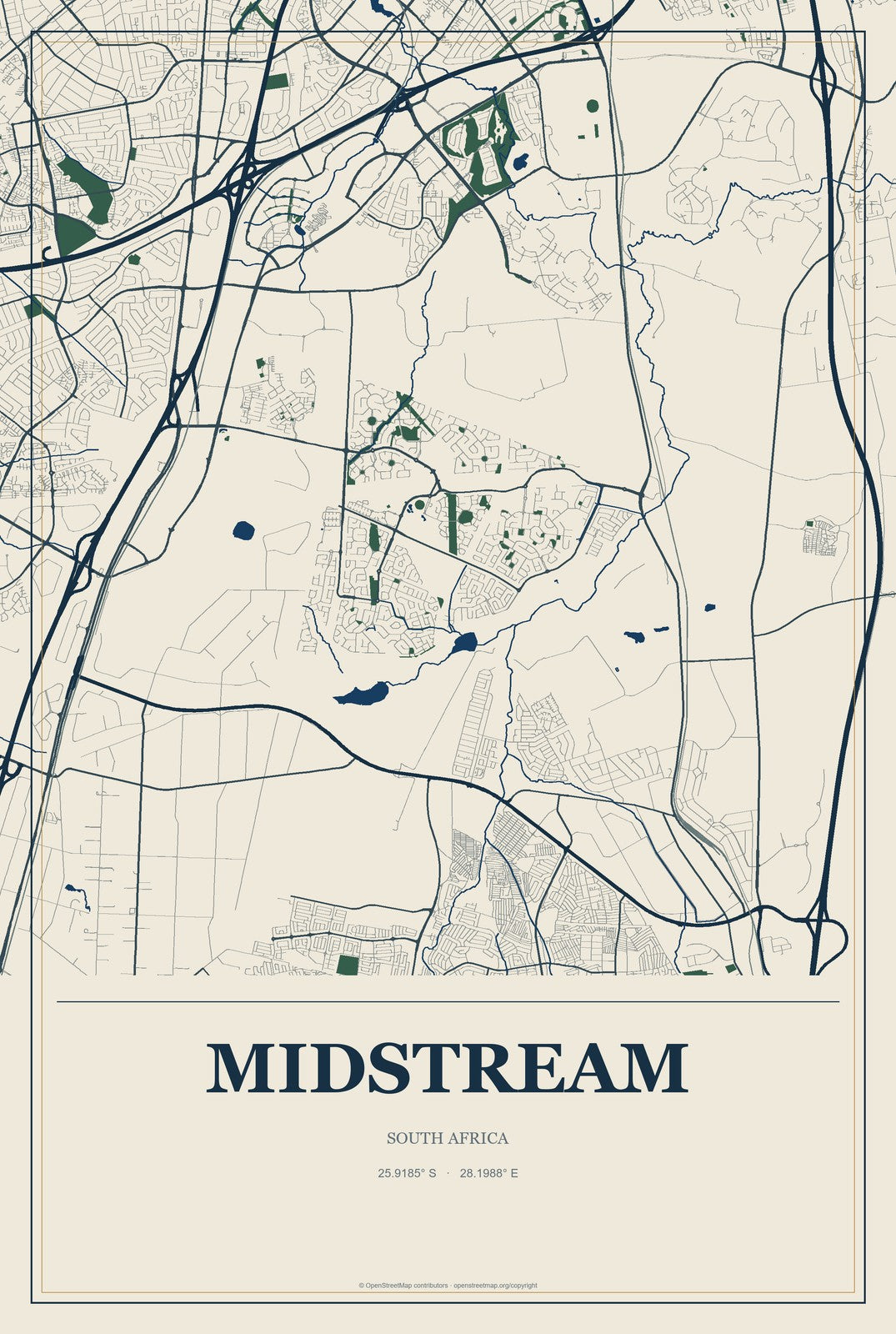 Midstream, South Africa City Map Aluminum Sign in Coastal Cutout style