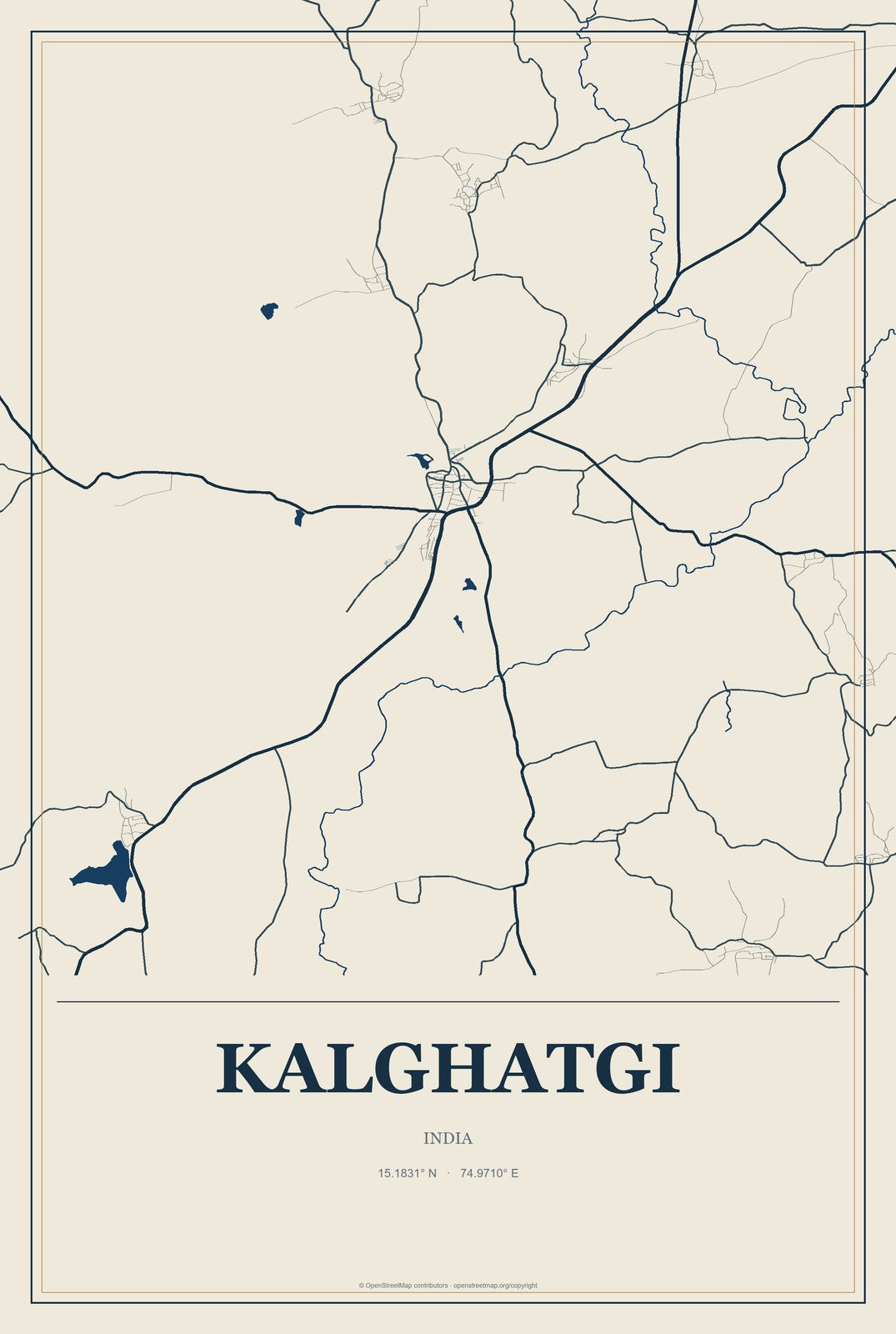 Kalghatgi, India City Map Aluminum Sign in Coastal Cutout style