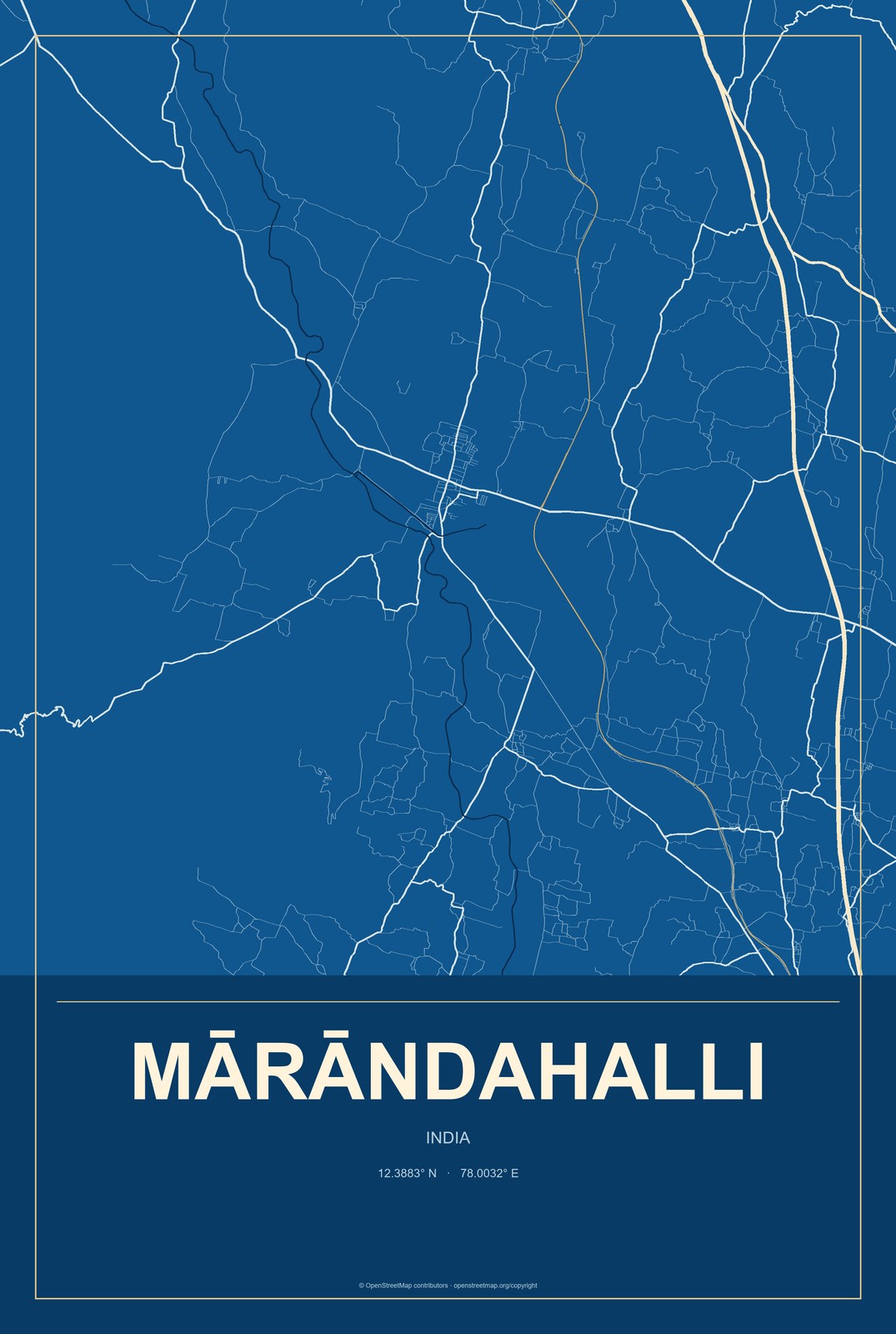Mārāndahalli, India City Map Aluminum Sign in Harbor Cobalt style