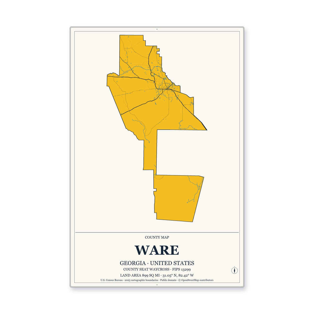 Ware County, Georgia Map Aluminum Sign in Citrine Modern style
