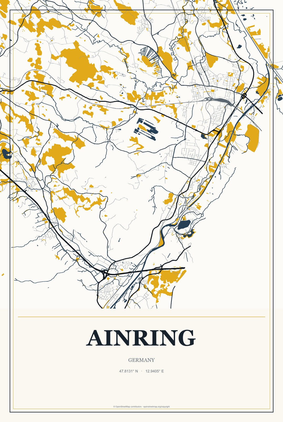 Ainring, Germany City Map Aluminum Sign in Citrine Modern style