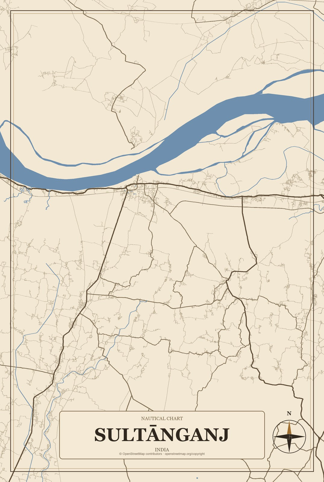 Sultānganj, India City Map Aluminum Sign in Heritage Nautical style