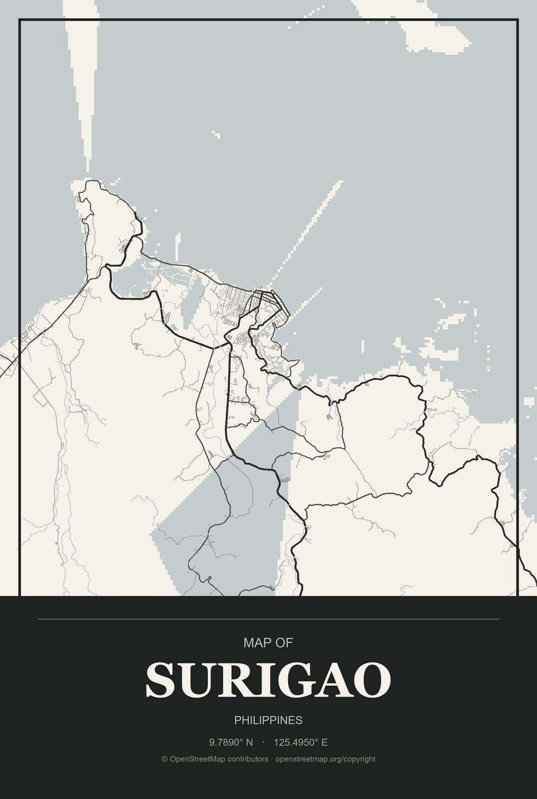 Surigao, Philippines City Map Aluminum Sign in Museum Plaque style