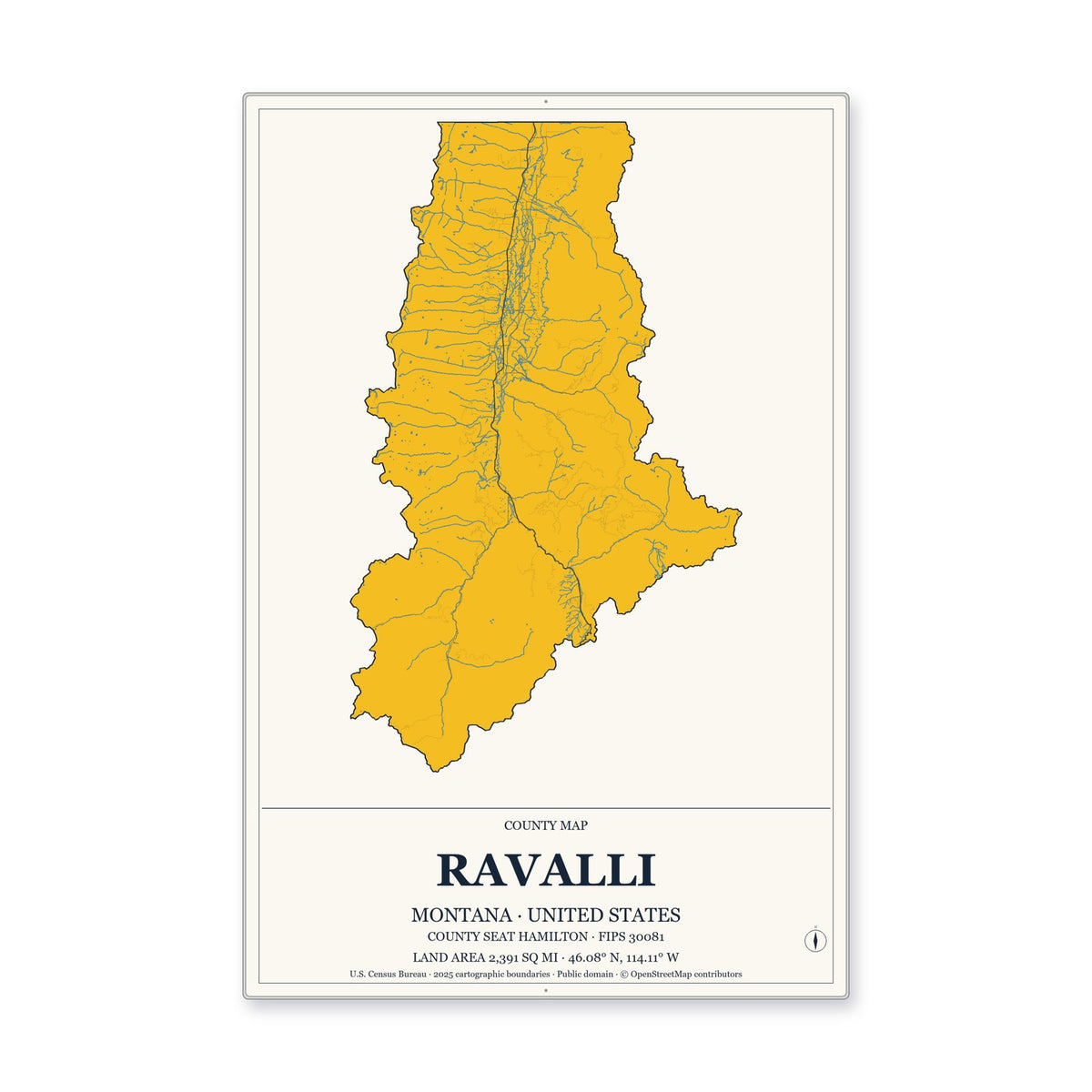Ravalli County, Montana Map Aluminum Sign in Citrine Modern style