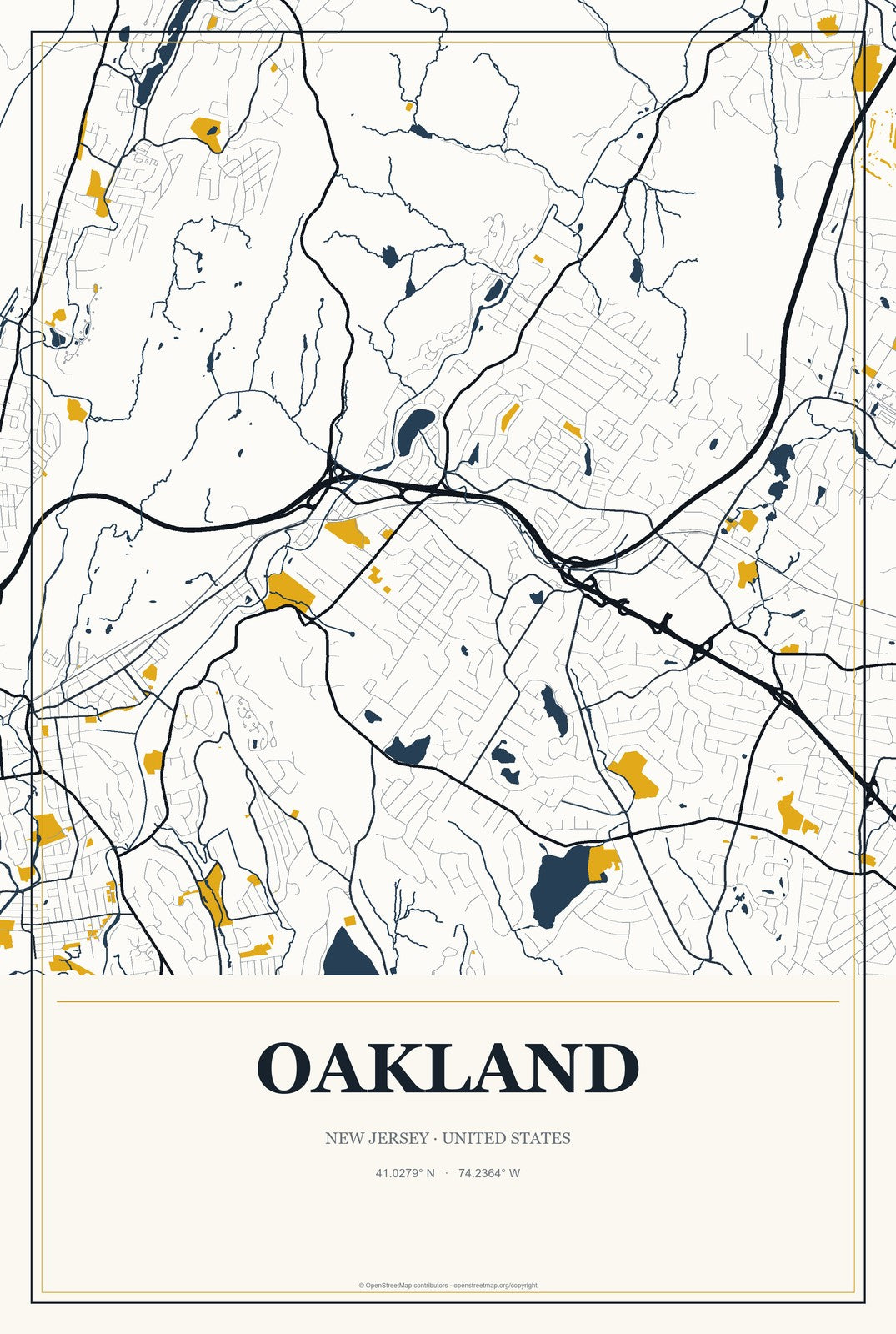 Oakland, New Jersey City Map Aluminum Sign in Citrine Modern style