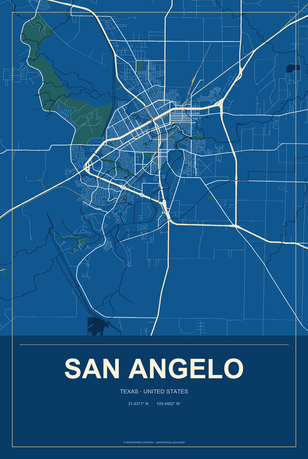San Angelo, Texas City Map Aluminum Sign in Harbor Cobalt style