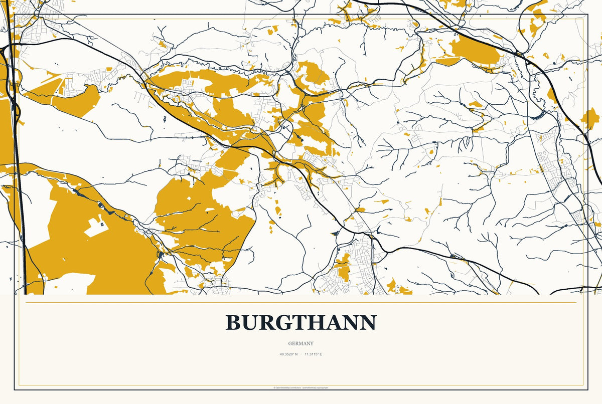Burgthann, Germany City Map Aluminum Sign in Citrine Modern style