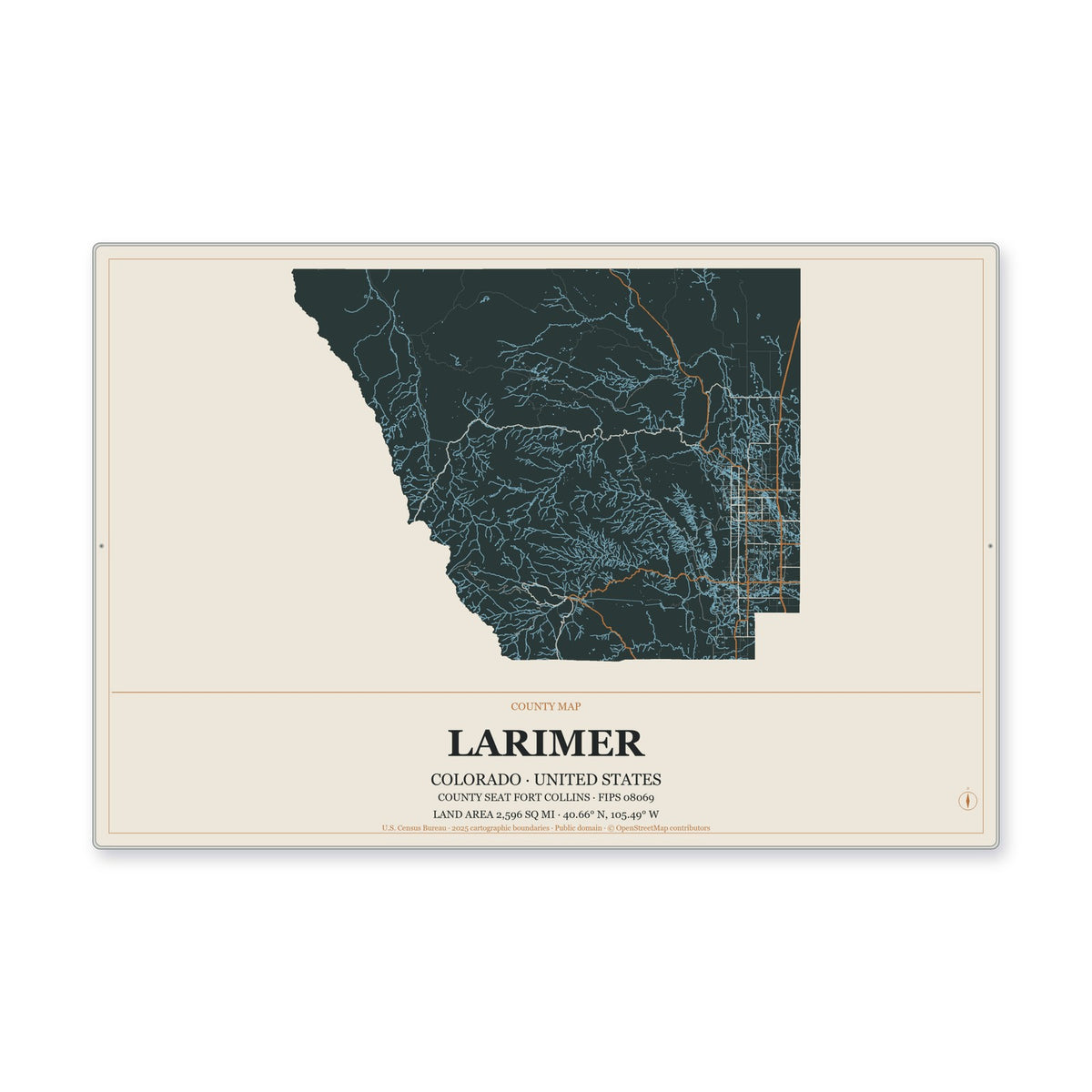 Larimer County, Colorado Map Aluminum Sign in Headline Atlas style