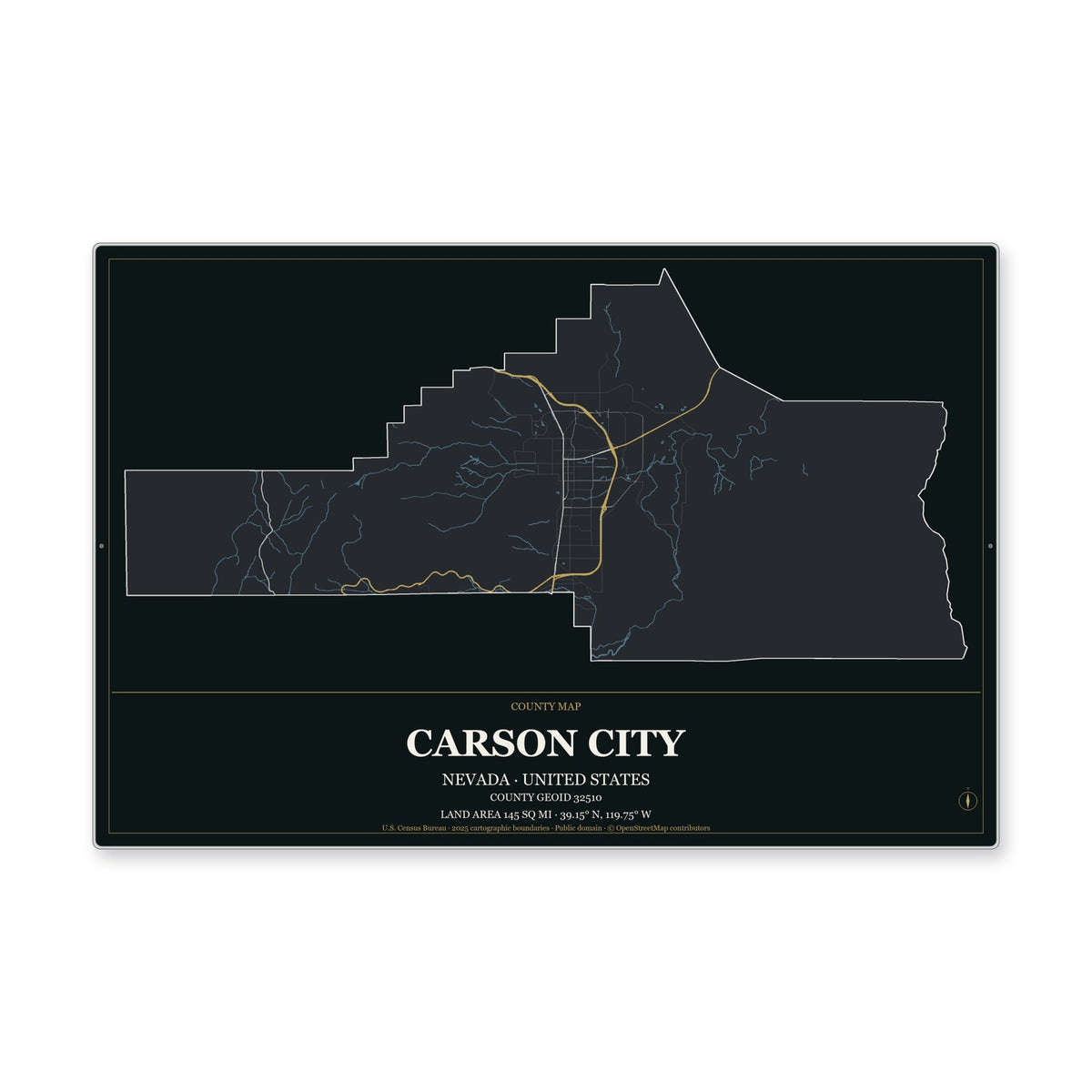 Carson City, Nevada Map Aluminum Sign in Metropolitan Noir style