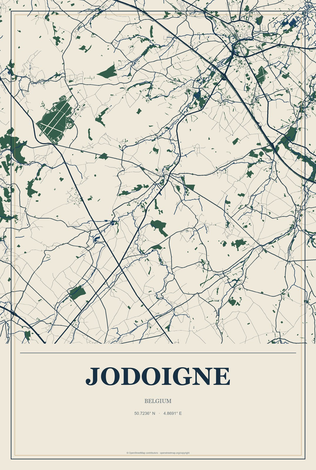 Jodoigne, Belgium City Map Aluminum Sign in Coastal Cutout style