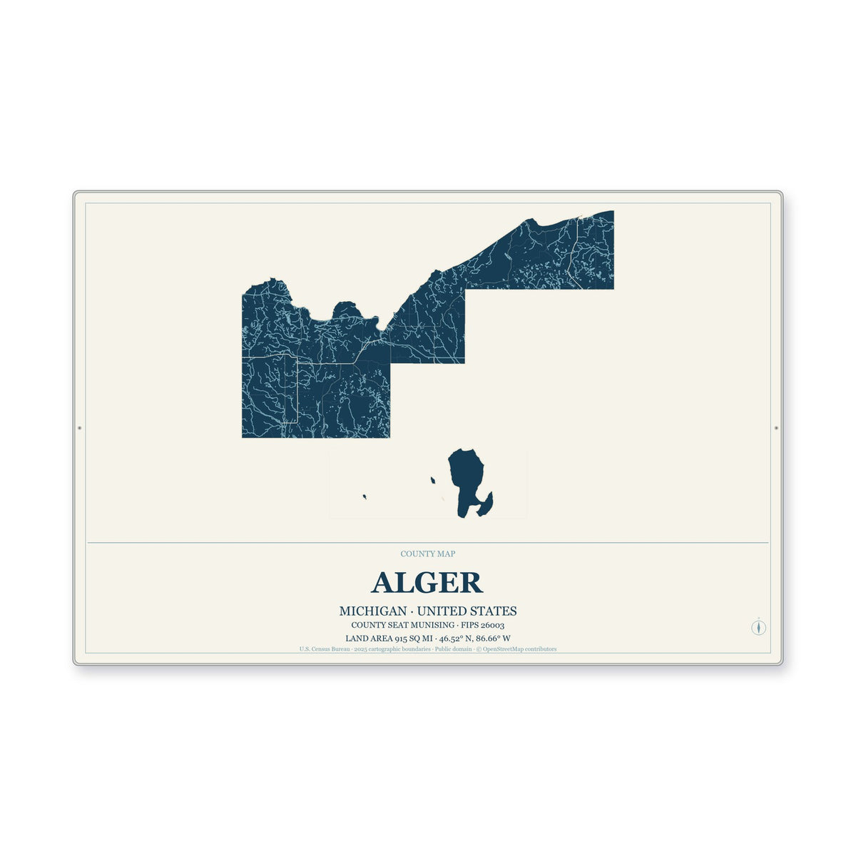 Alger County, Michigan Map Aluminum Sign in Coastal Cutout style
