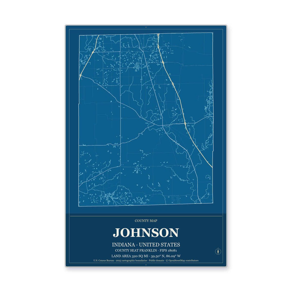 Johnson County, Indiana Map Aluminum Sign in Harbor Cobalt style