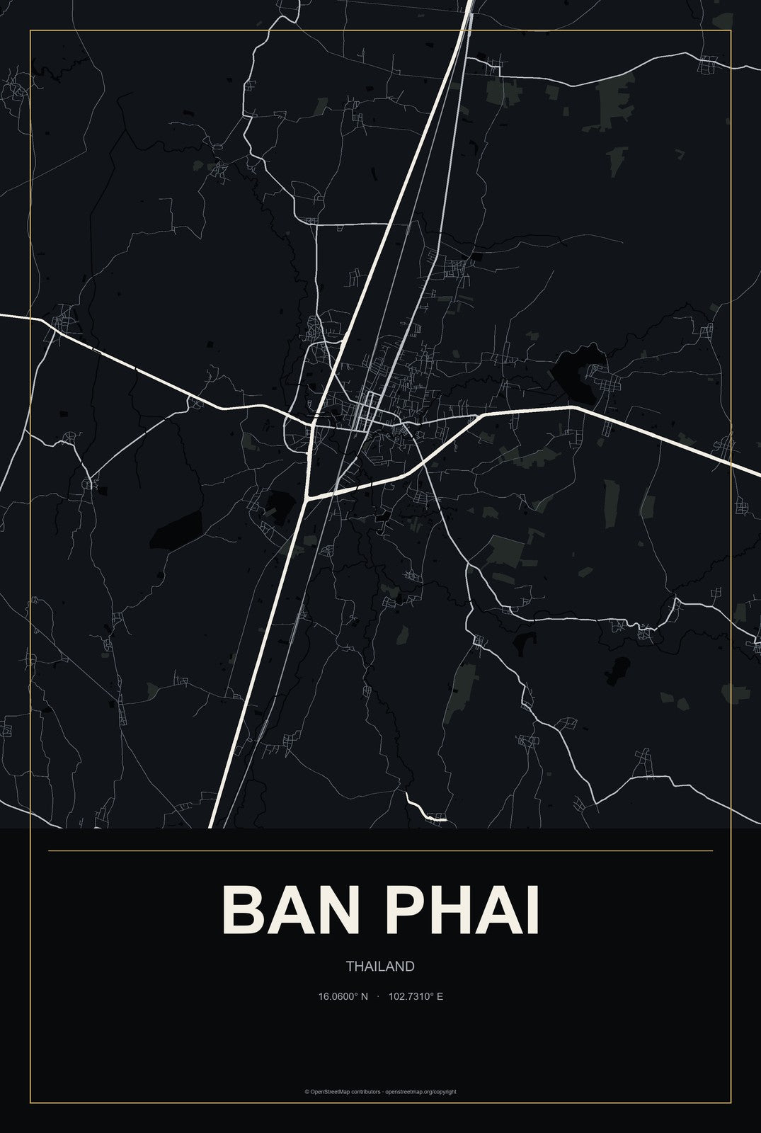 Ban Phai, Thailand City Map Aluminum Sign in Metropolitan Noir style