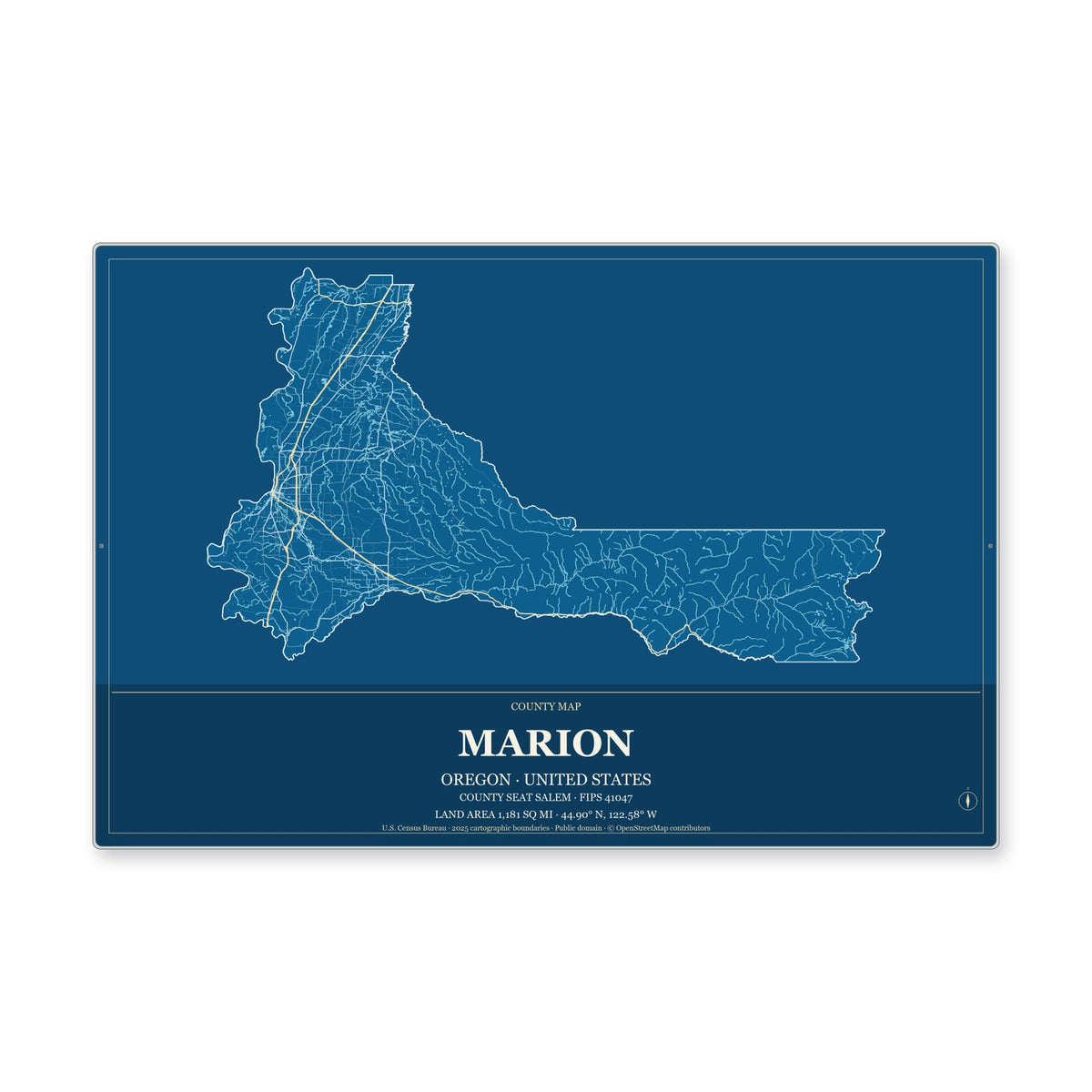 Marion County, Oregon Map Aluminum Sign in Harbor Cobalt style