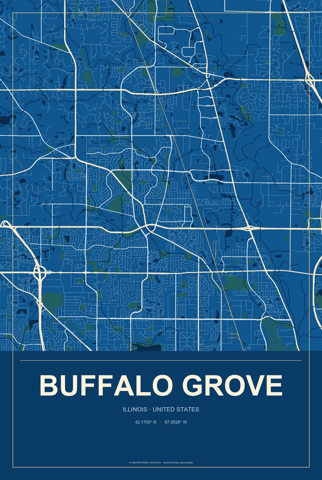 Buffalo Grove, Illinois City Map Aluminum Sign in Harbor Cobalt style