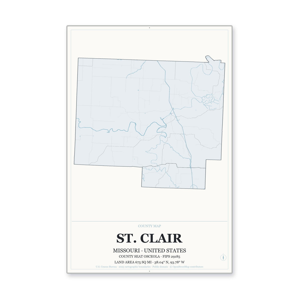 St. Clair County, Missouri Map Aluminum Sign in Gallery Air style