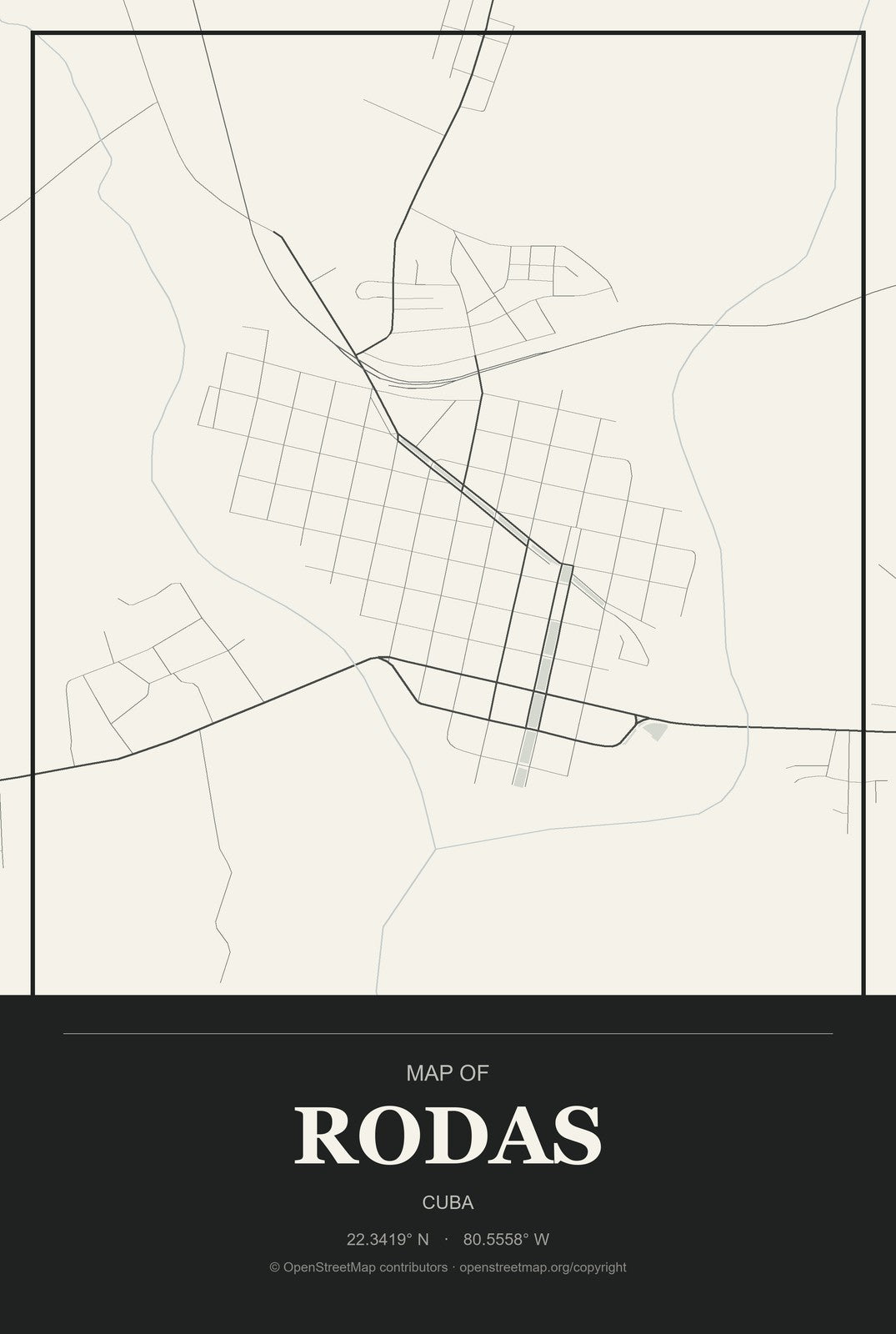 Rodas, Cuba City Map Aluminum Sign in Museum Plaque style