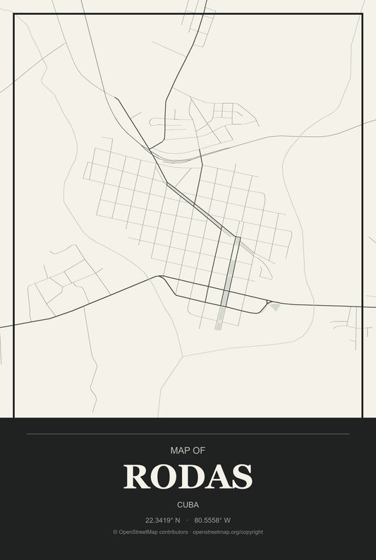 Rodas, Cuba City Map Aluminum Sign in Museum Plaque style