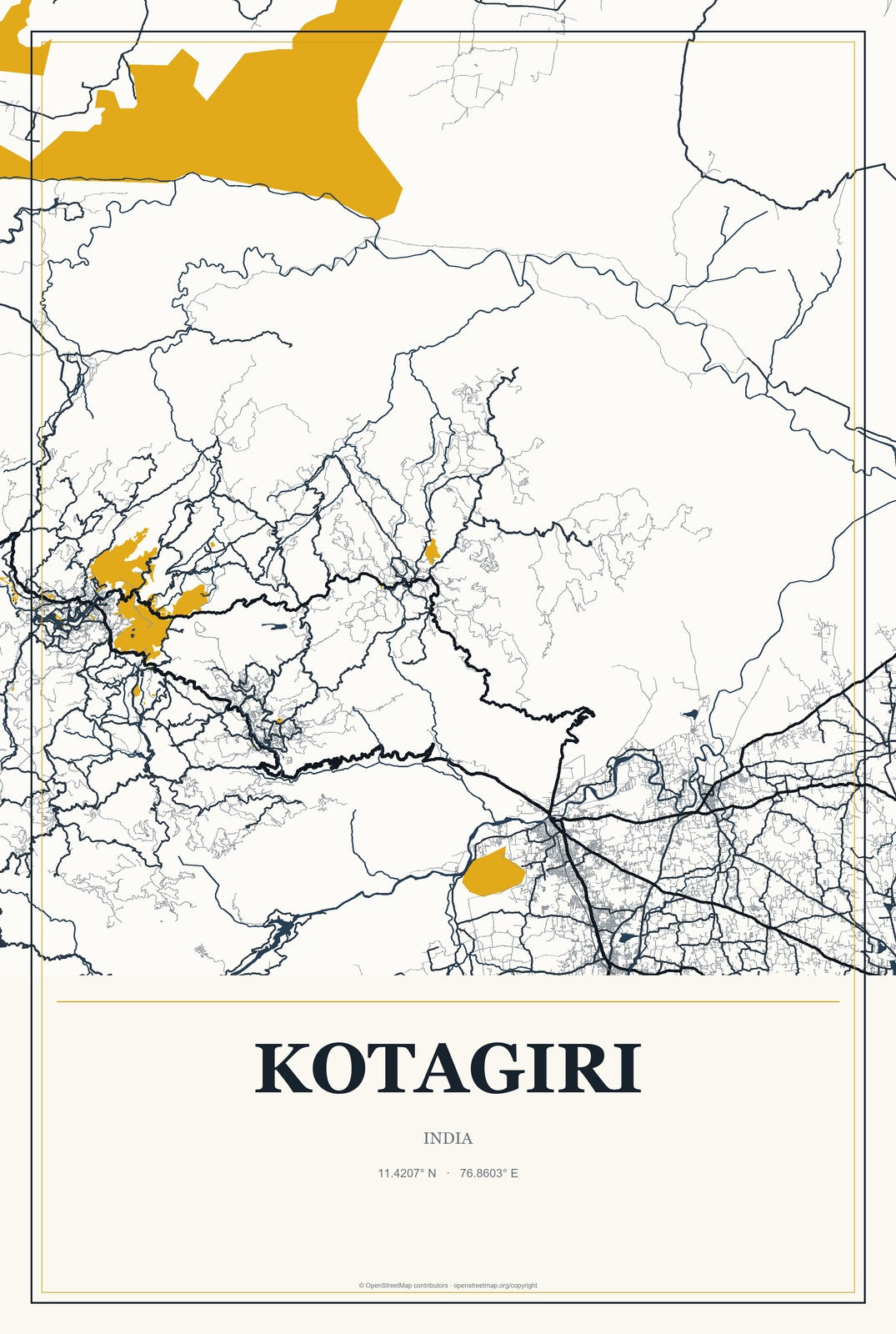 Kotagiri, India City Map Aluminum Sign in Citrine Modern style