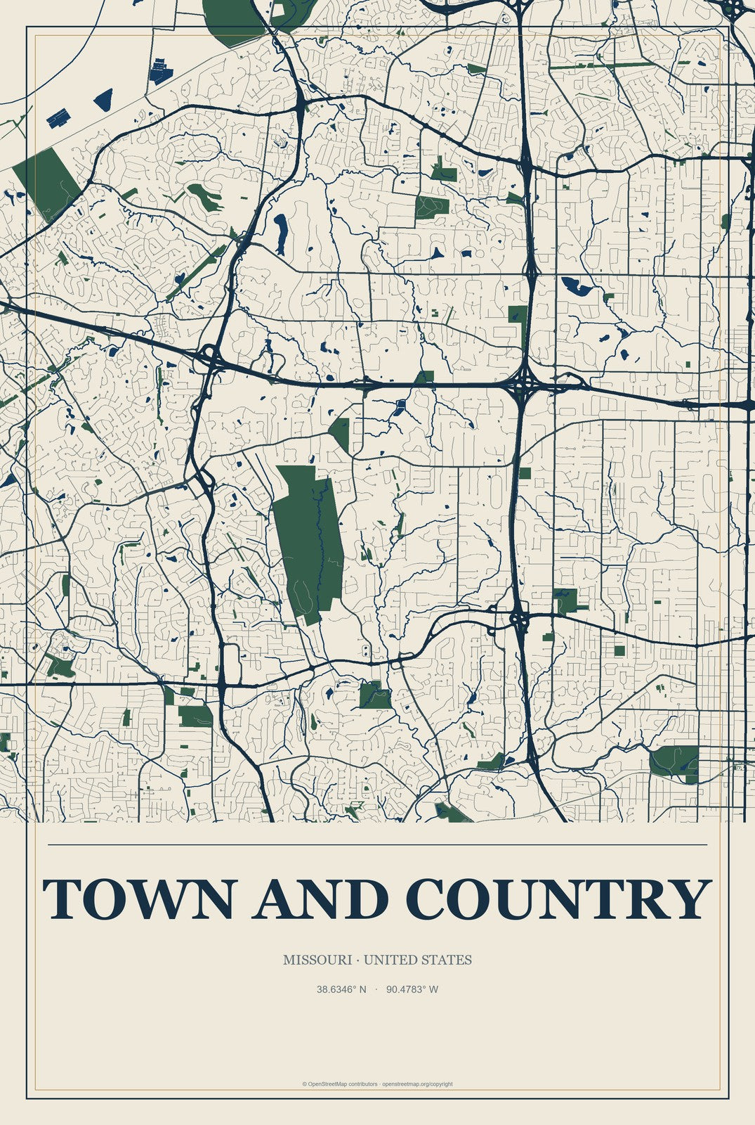 Town and Country, Missouri City Map Aluminum Sign in Coastal Cutout style