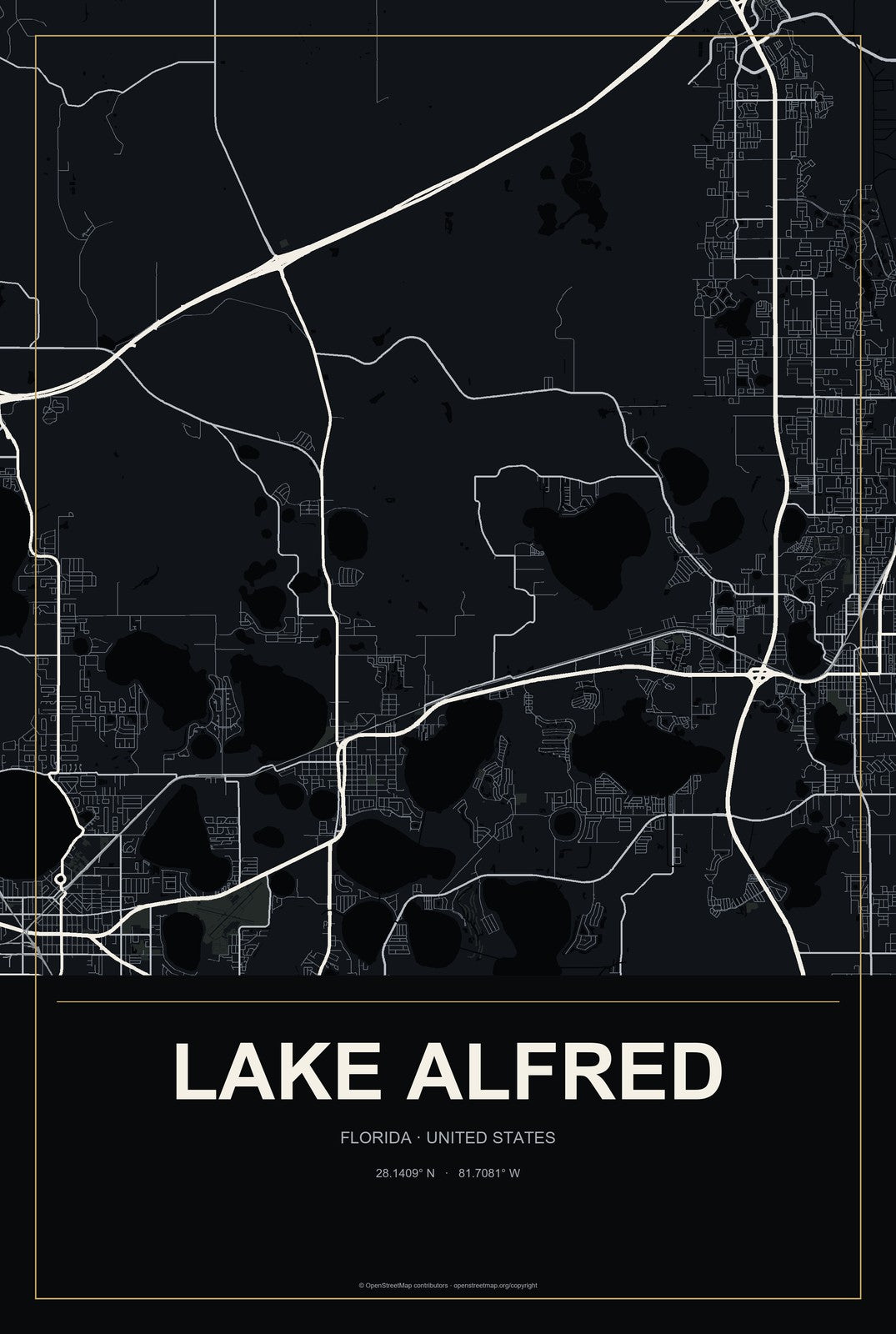 Lake Alfred, Florida City Map Aluminum Sign in Metropolitan Noir style