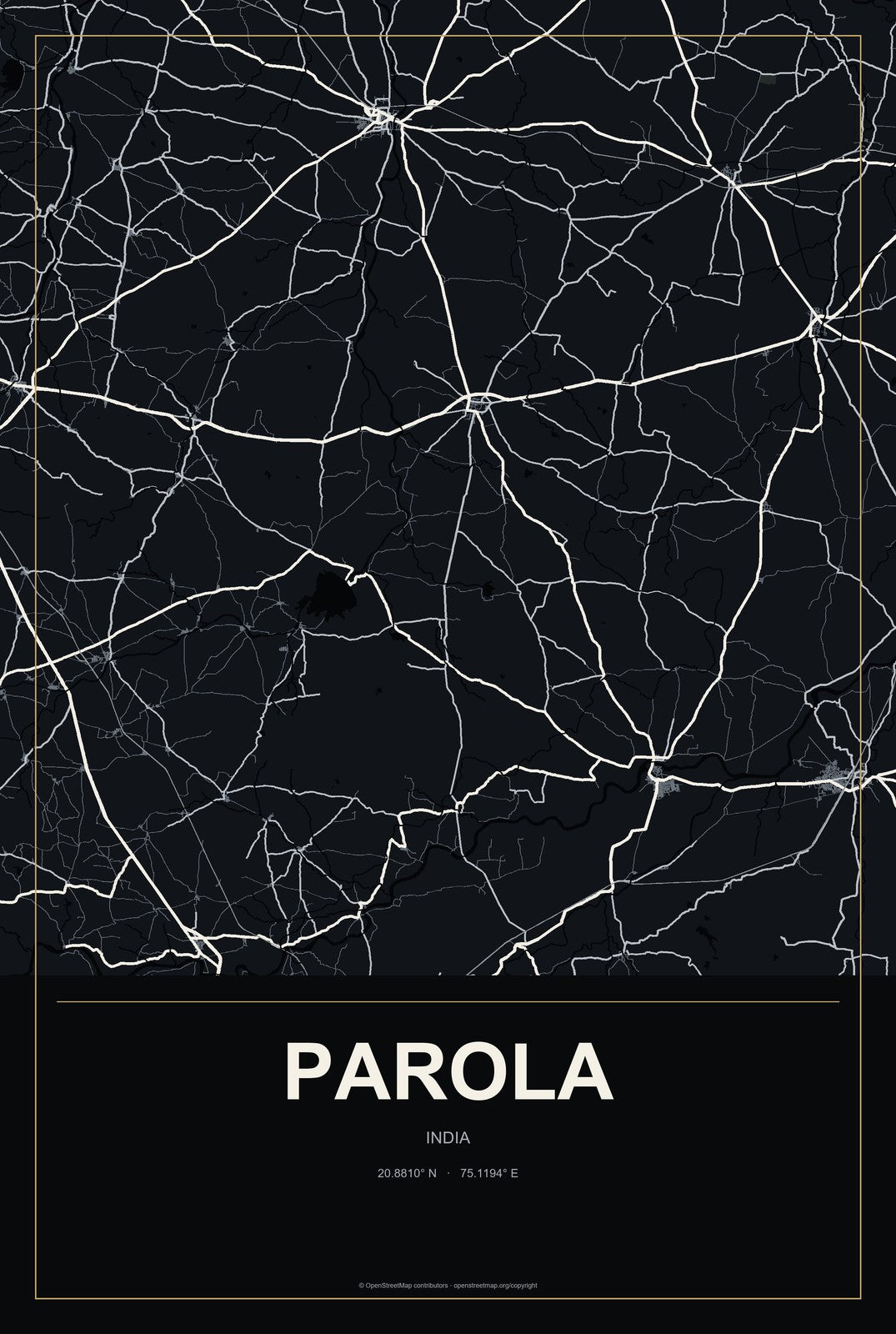 Parola, India City Map Aluminum Sign in Metropolitan Noir style