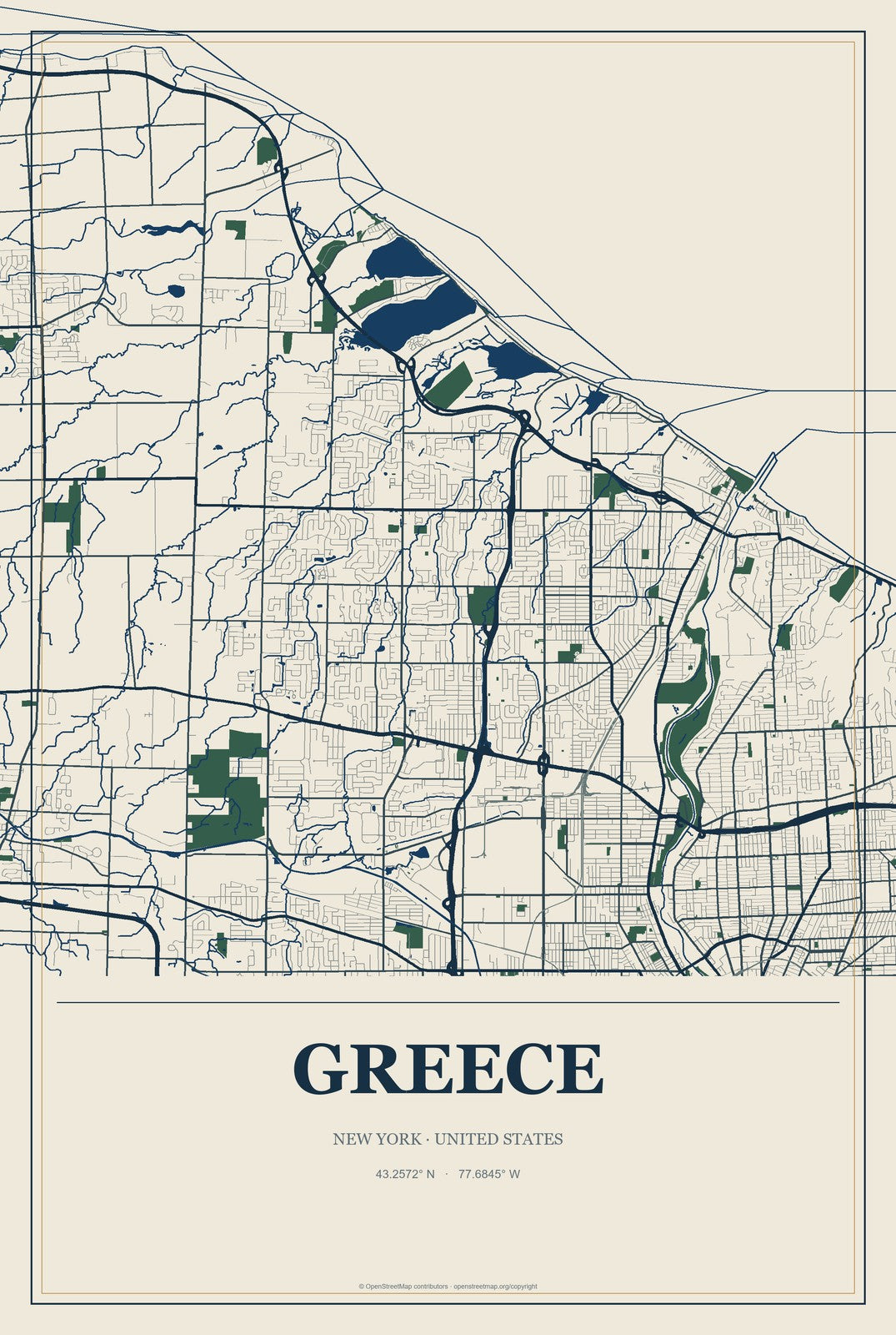 Greece, New York City Map Aluminum Sign in Coastal Cutout style