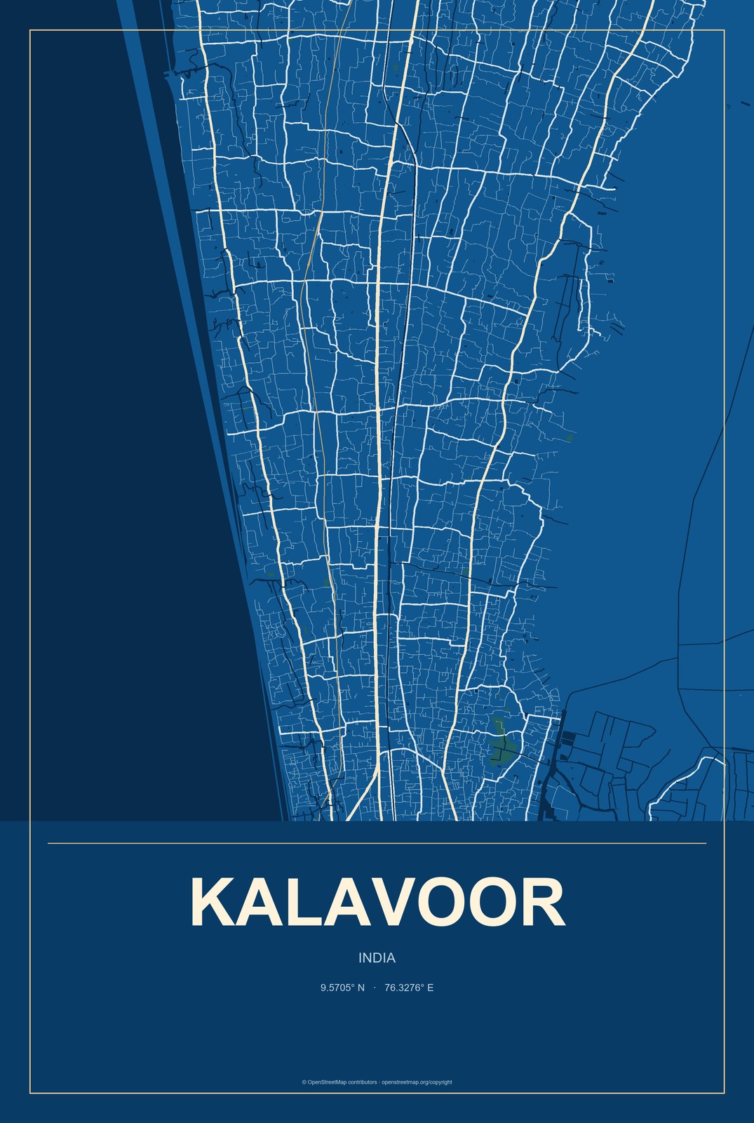 Kalavoor, India City Map Aluminum Sign in Harbor Cobalt style