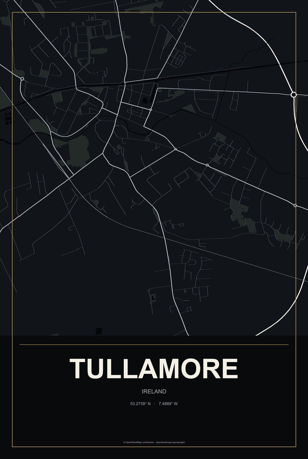 Tullamore, Ireland City Map Aluminum Sign in Metropolitan Noir style