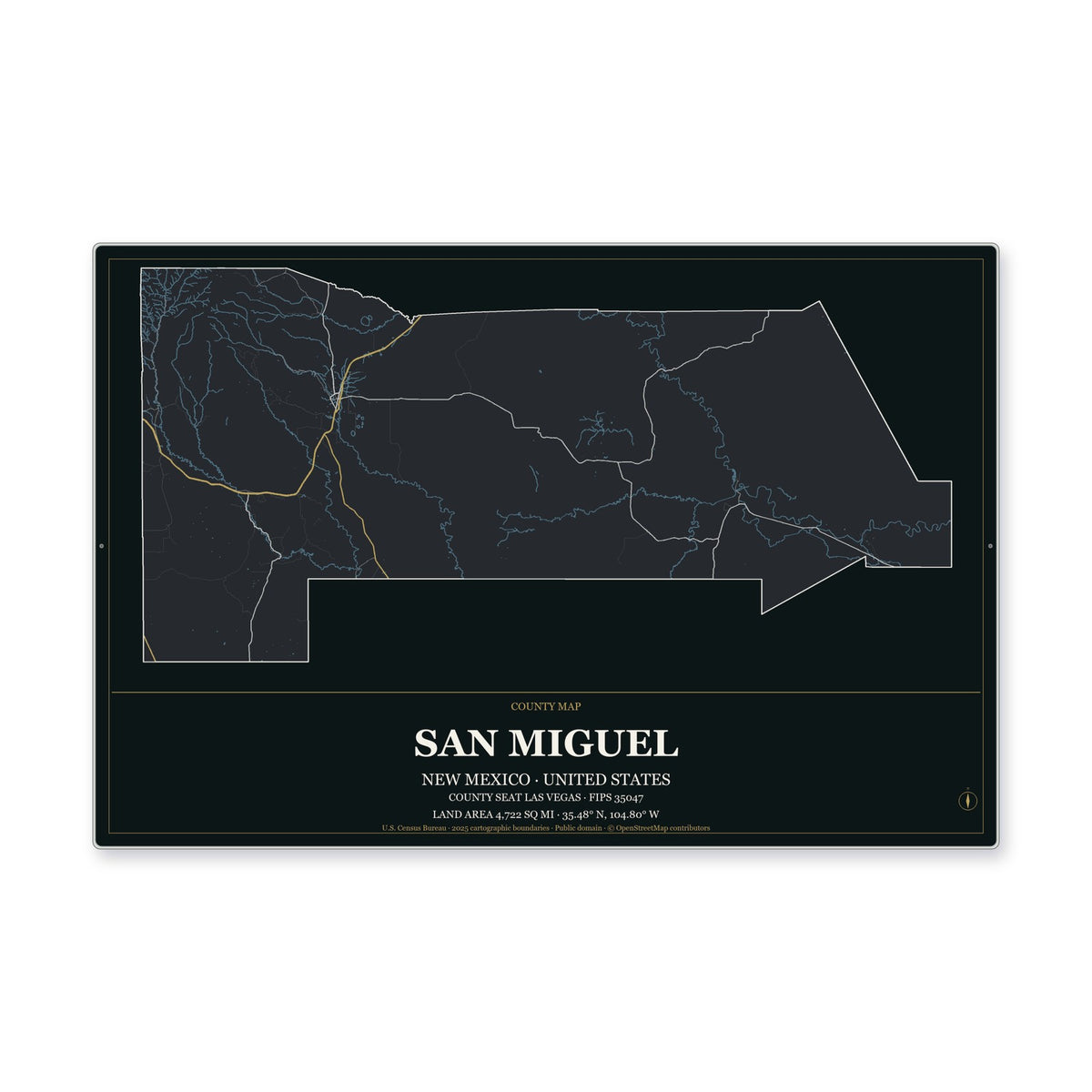 San Miguel County, New Mexico Map Aluminum Sign in Metropolitan Noir style